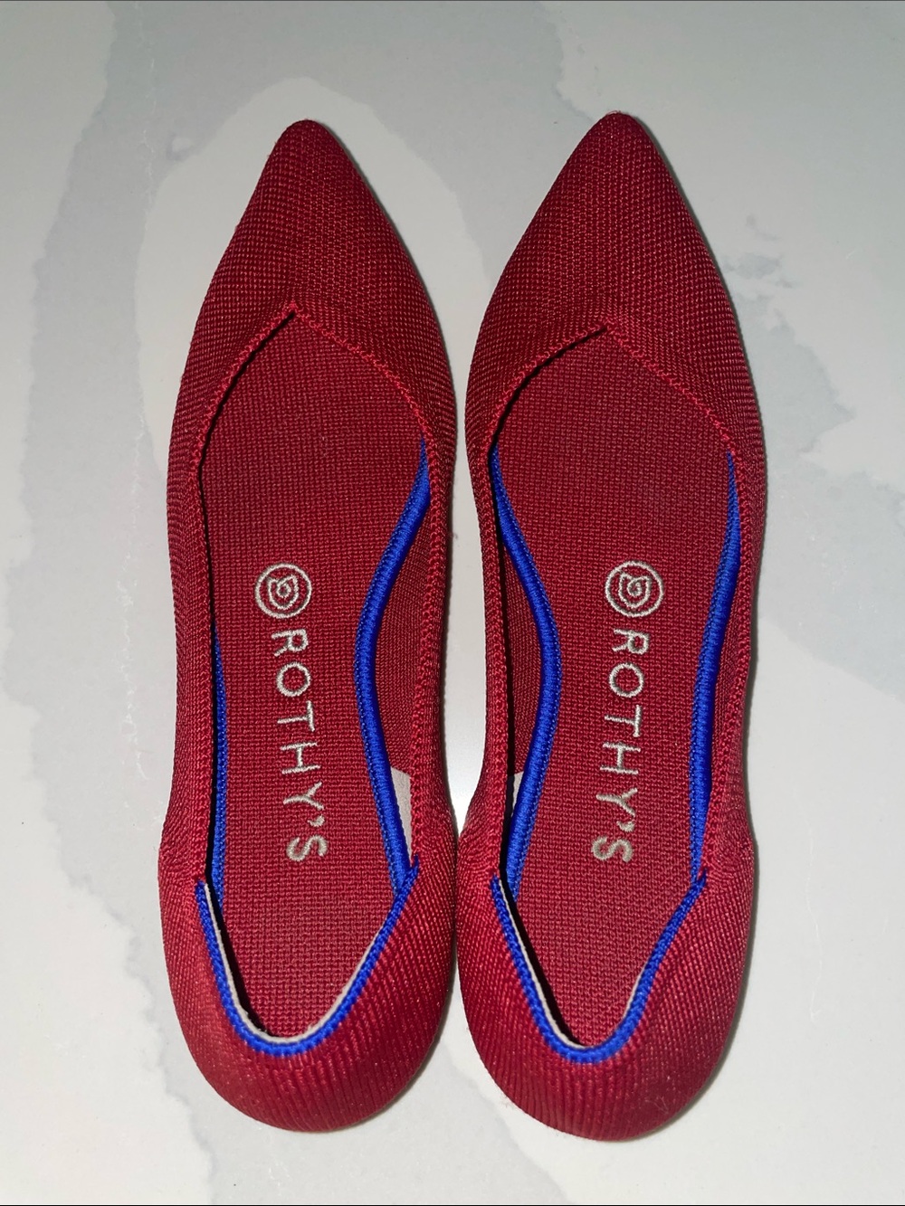 Rothy's Pointed Knit Flats in Red with Blue Trim 7.5